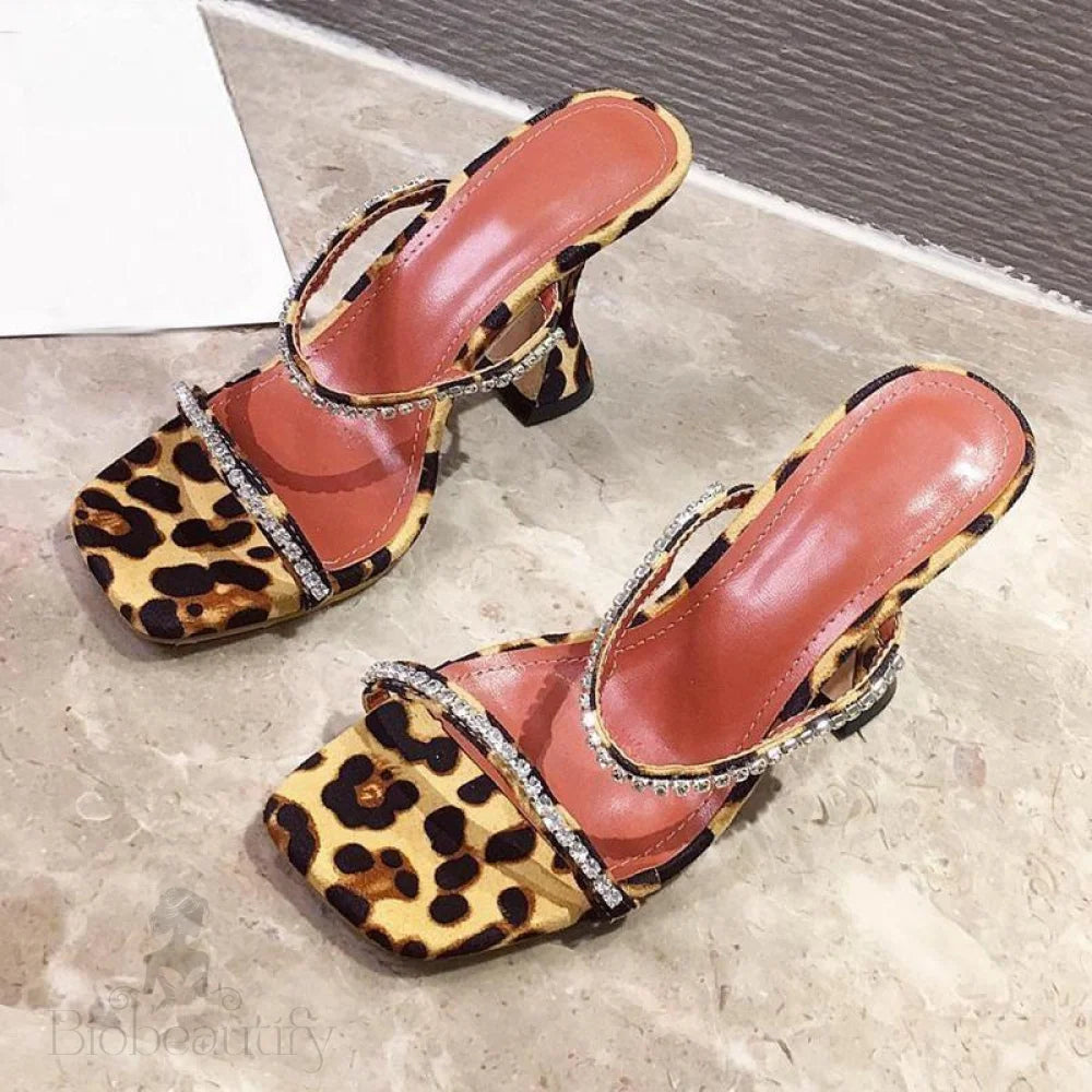 Summer Slippers Women Fashion Open Toe Crystal High Heels Leopard Sandals Grain / 41