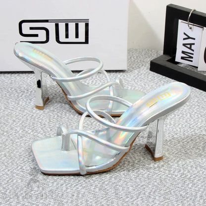 Summer Square Toe Stiletto Sandals Slippers With A Graceful Design Featuring 10Cm Heel Height.