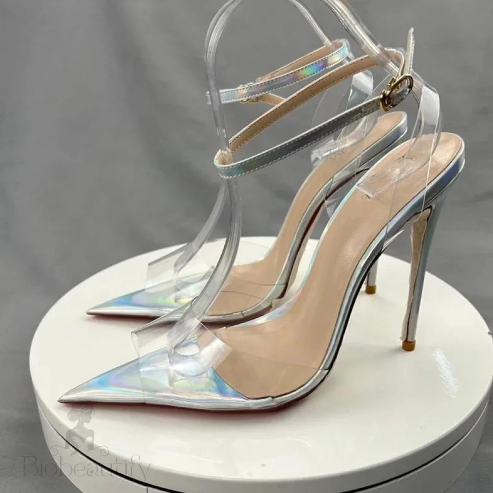 Summer Women Sexy Ankle Straps Clear Pvc Pointy Toe High Heel