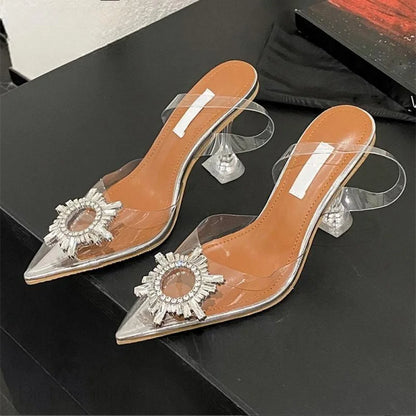 Sun Flower Crystal Pvc Transparent Women Pumps With Pointed Toe And Clear Heels