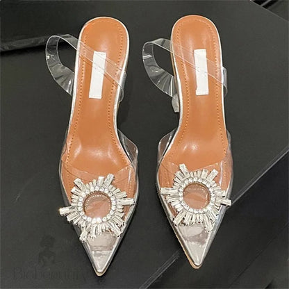 Sun Flower Crystal Pvc Transparent Women Pumps With Pointed Toe And Clear Heels