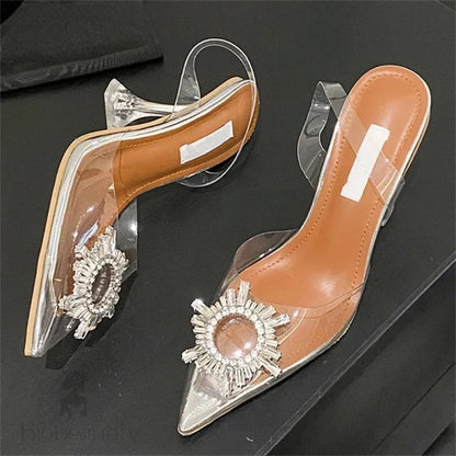 Sun Flower Crystal Pvc Transparent Women Pumps With Pointed Toe And Clear Heels