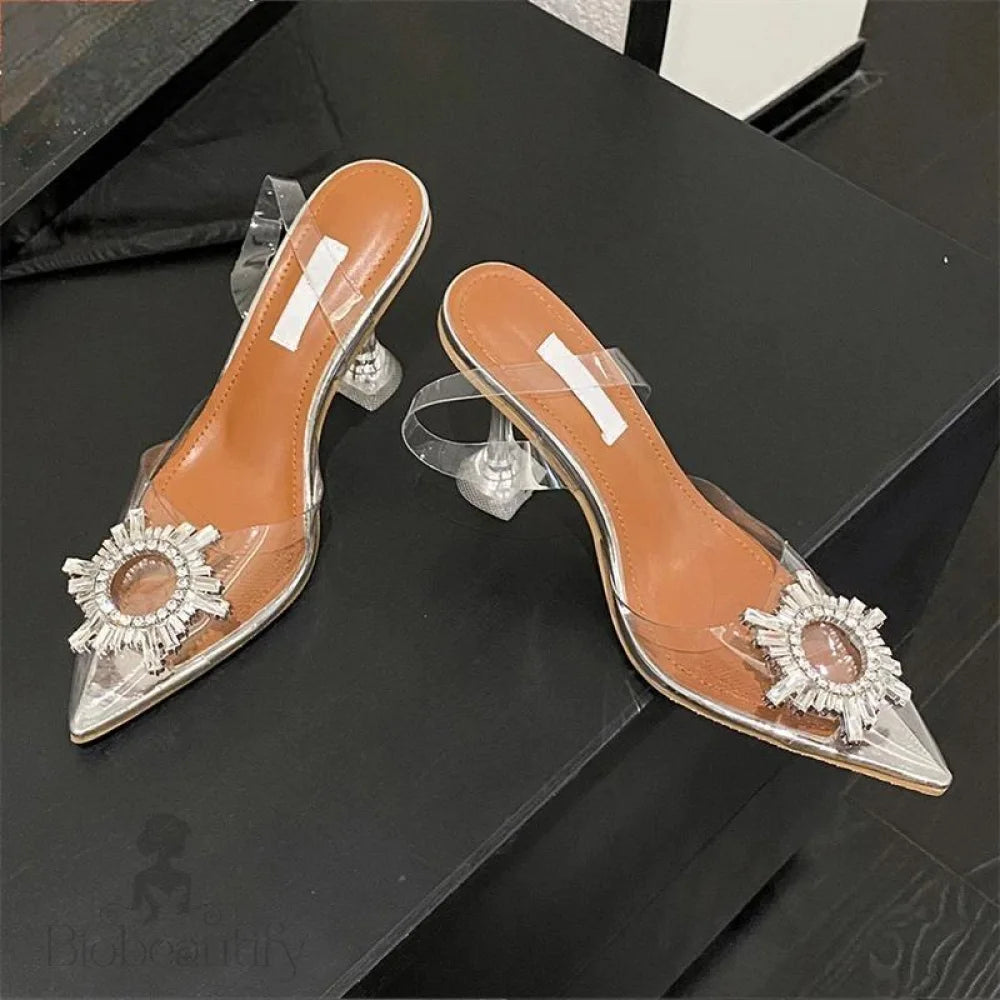 Sun Flower Crystal Pvc Transparent Women Pumps With Pointed Toe And Clear Heels