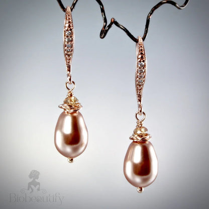 Swarovski Pearl And Rose Gold Bridal Earrings - Shanti