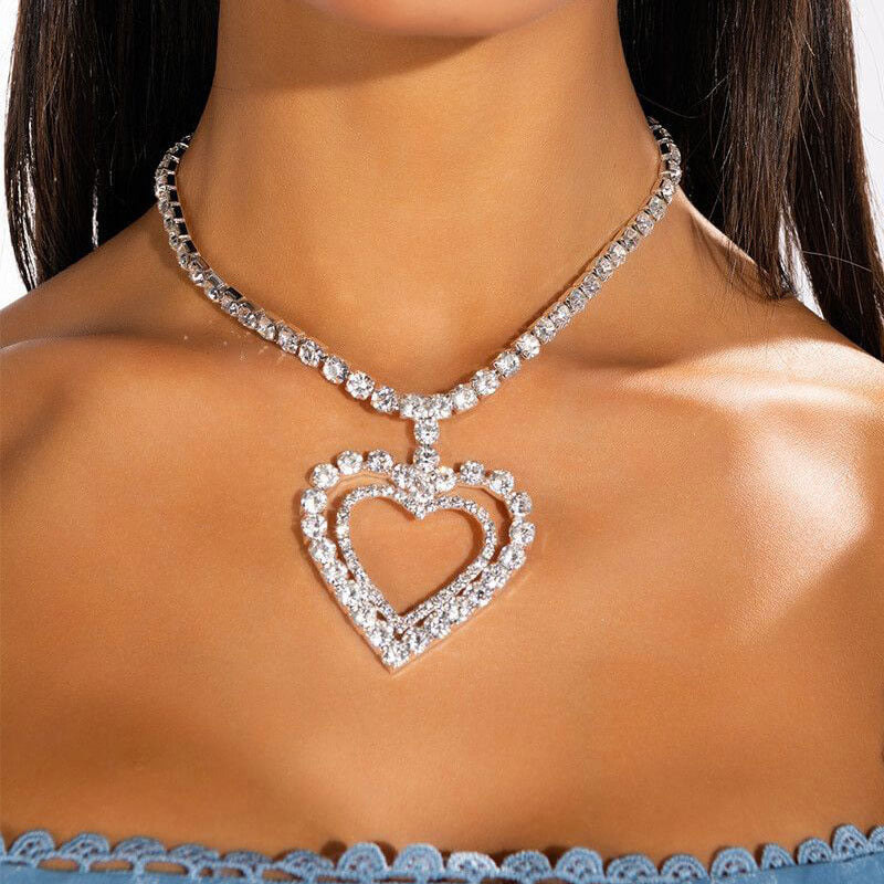 Double Heart Crystal Necklace Silver
