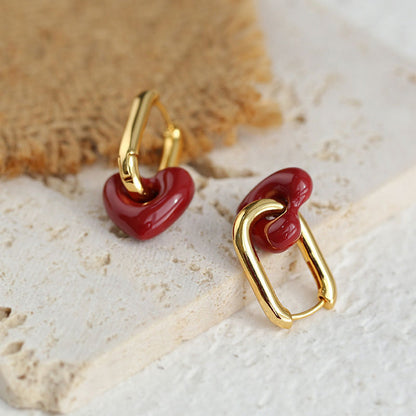 Heart 18K Gold Plated Enamel Hollow Hoop Earrings
