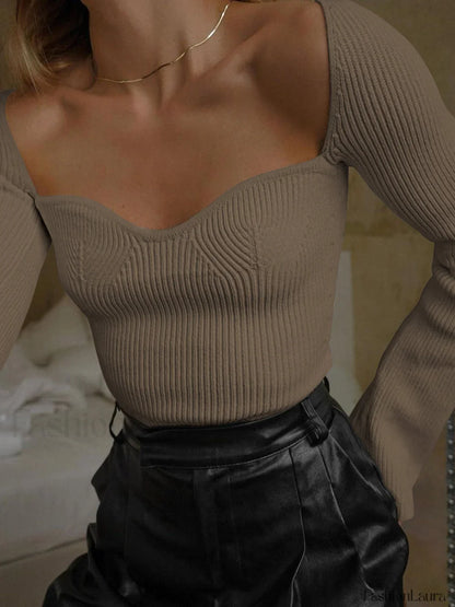 Sweetheart Long Sleeve Knit Top Khaki / XS Knit Tops