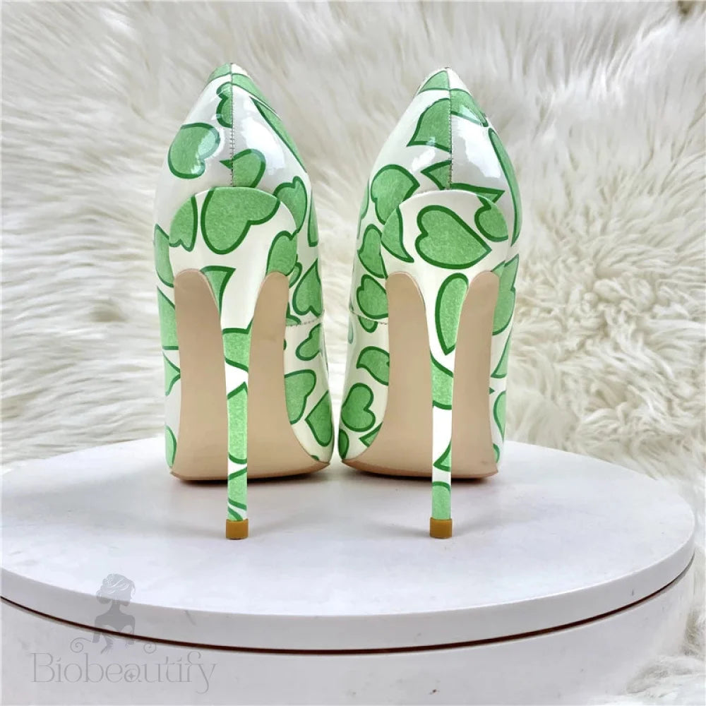 Sweetheart Print White Patent Pointy Toe High Heel Shoes For Women