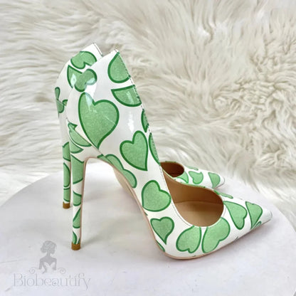 Sweetheart Print White Patent Pointy Toe High Heel Shoes For Women