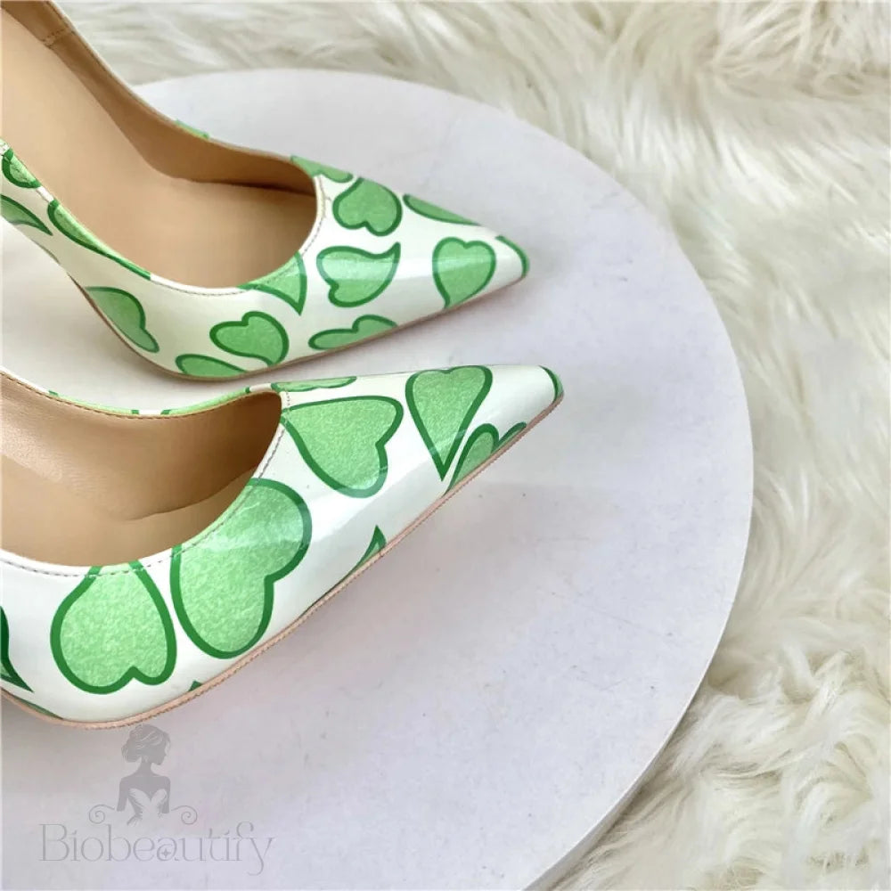 Sweetheart Print White Patent Pointy Toe High Heel Shoes For Women