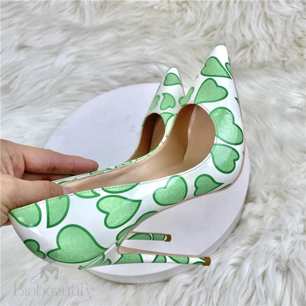 Sweetheart Print White Patent Pointy Toe High Heel Shoes For Women