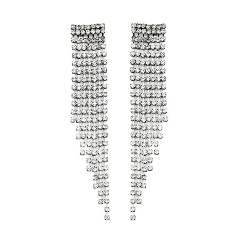 Rhinestone Long Tassel Dangle Earrings Silver One Size /