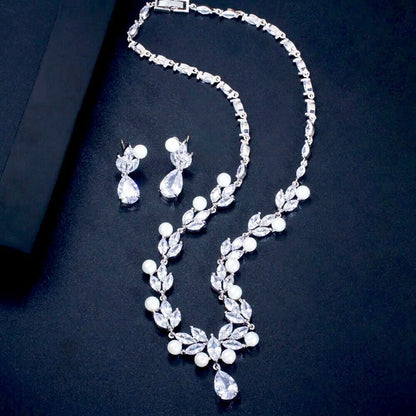 Tamron Pearl And Cubic Zirconia Bridal Jewelry Set - Necklace Earrings