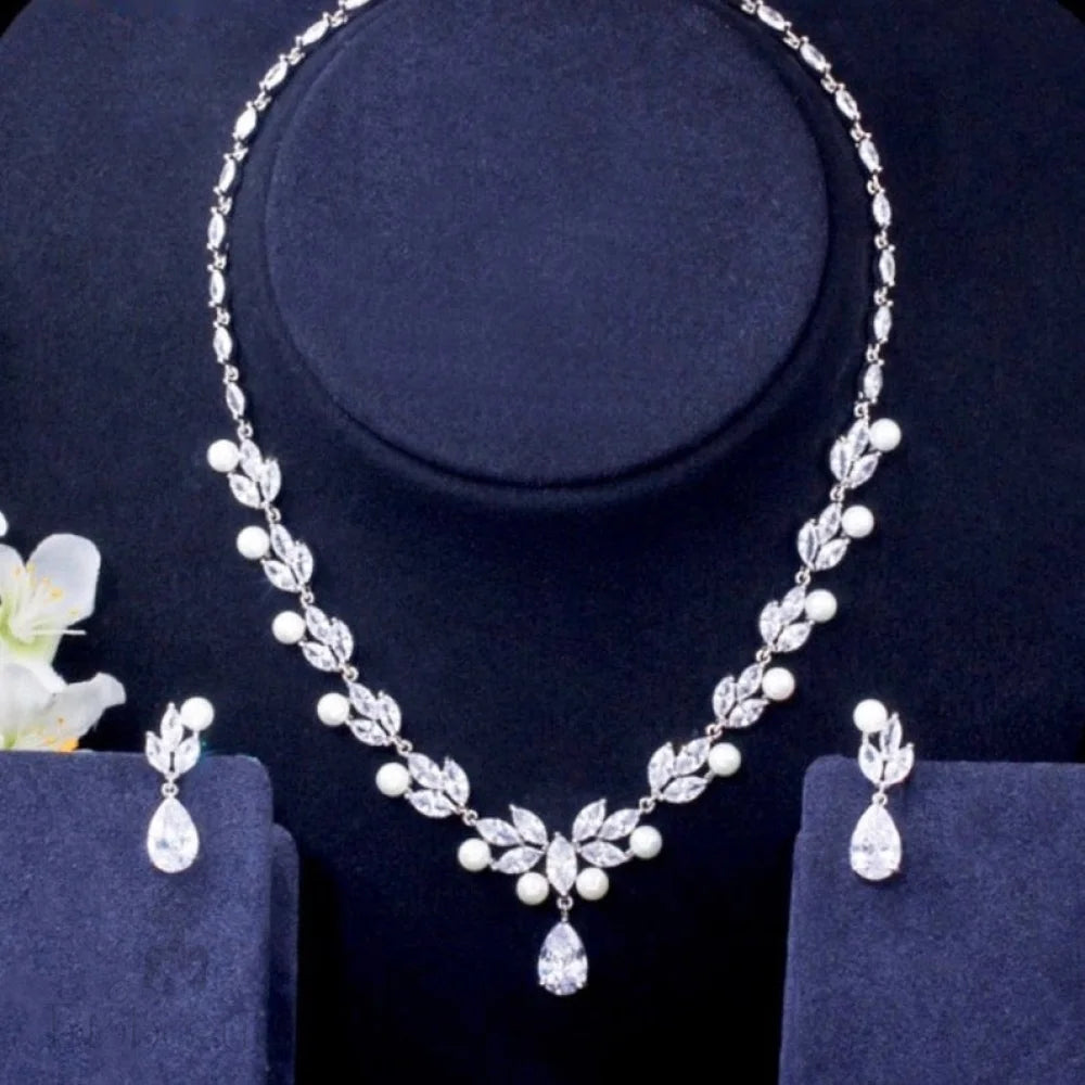 Tamron Pearl And Cubic Zirconia Bridal Jewelry Set - Necklace Earrings