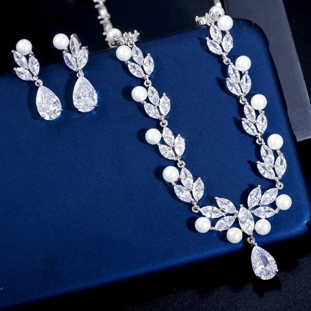 Tamron Pearl And Cubic Zirconia Bridal Jewelry Set - Necklace Earrings