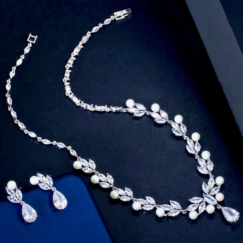 Tamron Pearl And Cubic Zirconia Bridal Jewelry Set - Necklace Earrings