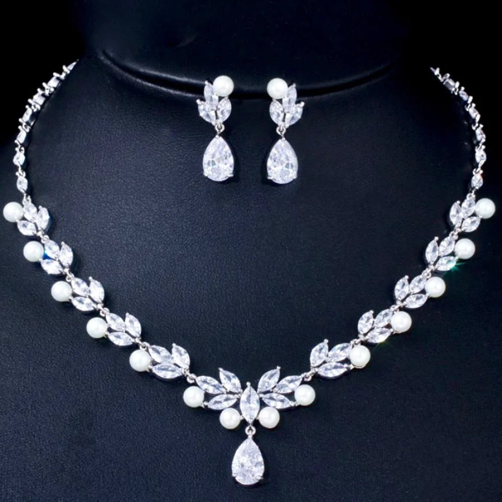 Tamron Pearl And Cubic Zirconia Bridal Jewelry Set - Necklace Earrings