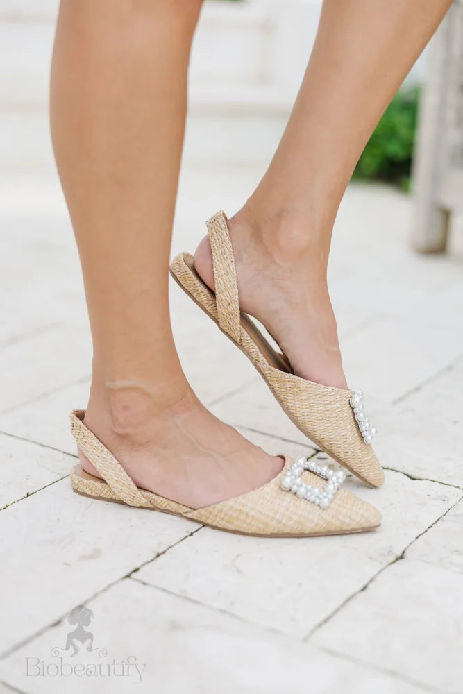 Tan Raffia Pearl Slingback Flats 5.5 /