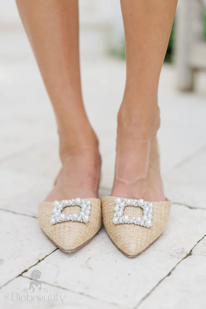 Tan Raffia Pearl Slingback Flats 6 /