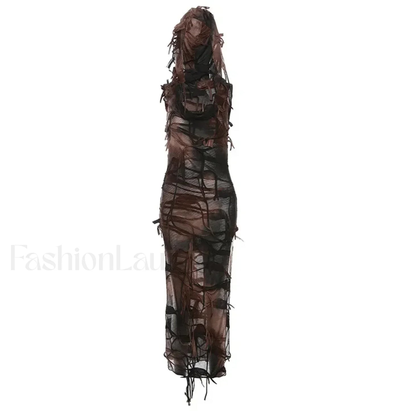 Tassel Vintage Gothic Hooded Midi Dress Grunge Y2K Sexy High Split Sleeveless Tie Dye Dress Brown / S