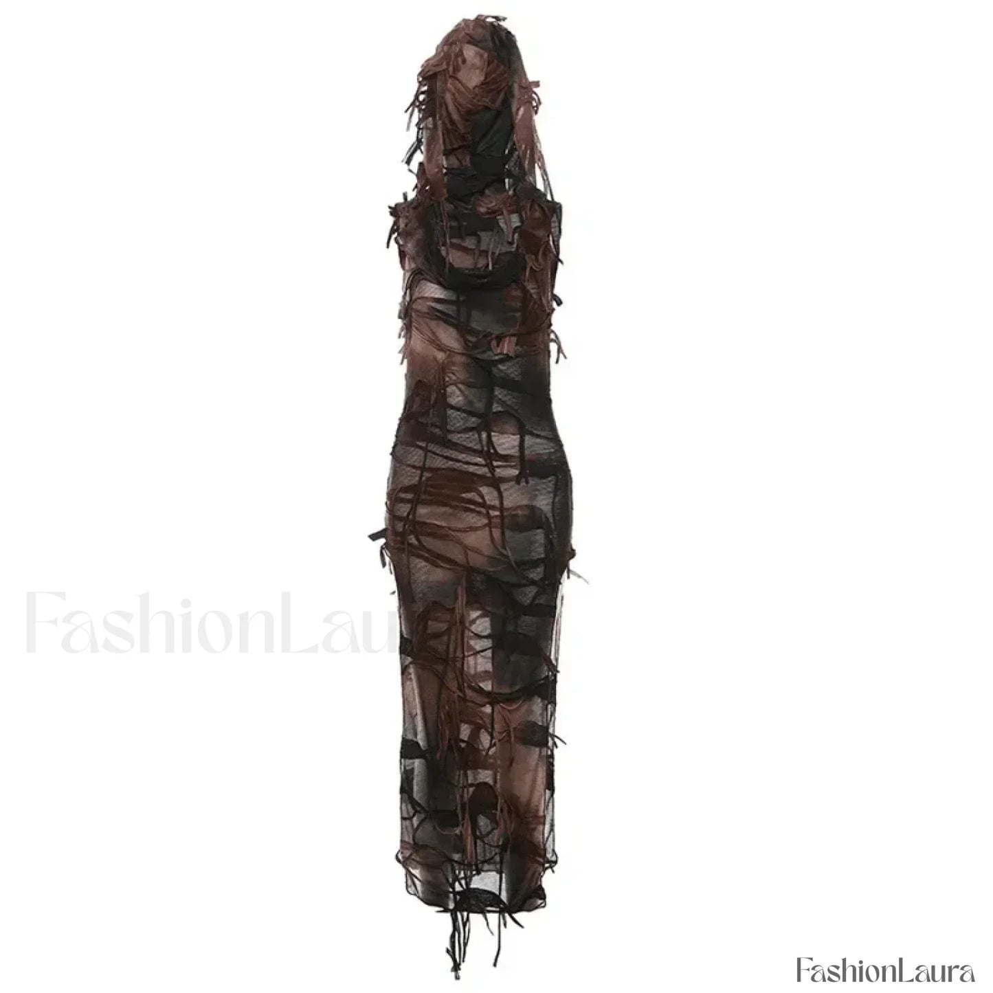 Tassel Vintage Gothic Hooded Midi Dress Grunge Y2K Sexy High Split Sleeveless Tie Dye Dress Brown / S