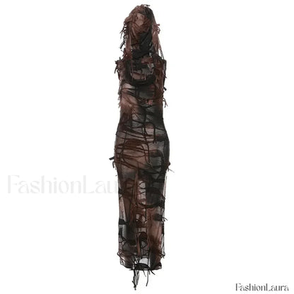 Tassel Vintage Gothic Hooded Midi Dress Grunge Y2K Sexy High Split Sleeveless Tie Dye Dress Brown / S
