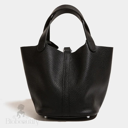 Textured Black Faux Leather Padlock Handle Bag