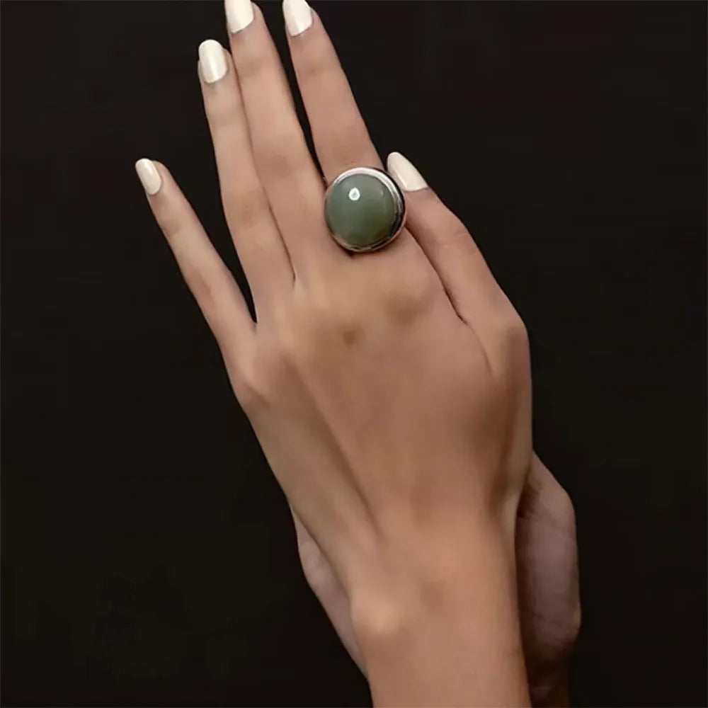 The Hours Emerald Jade Rhodium Plated Band Ring In Quiet Luxury Green / 7