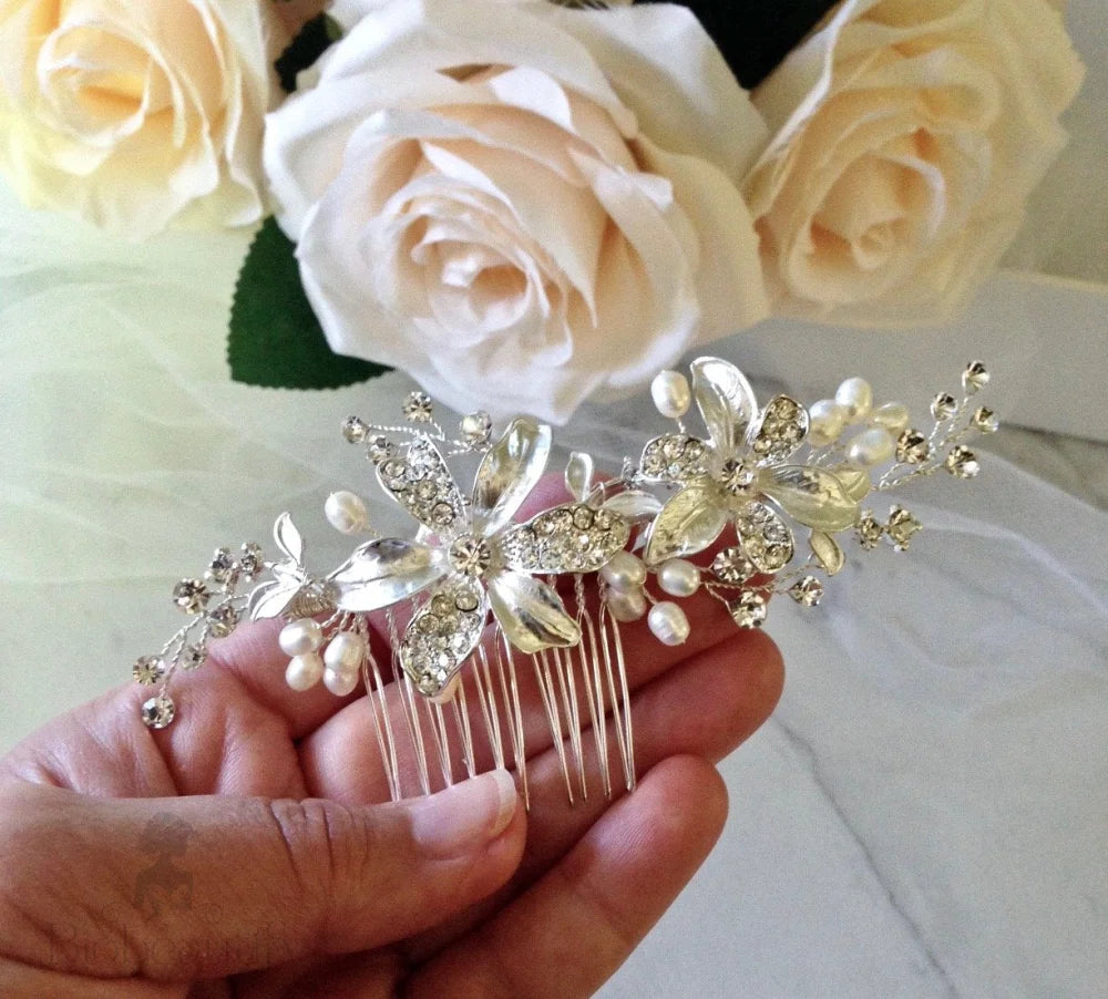 Thea Pearl Hair Comb For Brides Silver Rose Gold Options