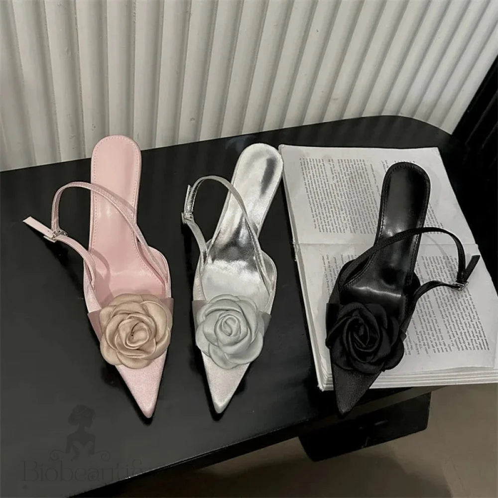 Thin High Heels Buckle Strap Women Pumps With Sexy Flower Pointed Toe Mules