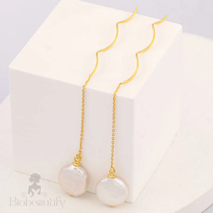 Threader Earrings With Spiral Wire And Baroque Pearl Drop