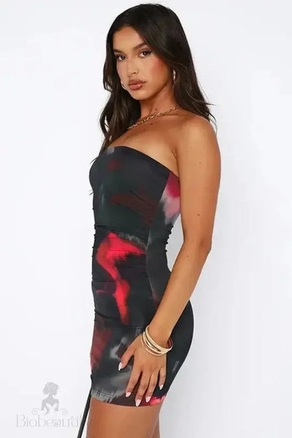 Tie Dye Strapless Backless Mini Dress