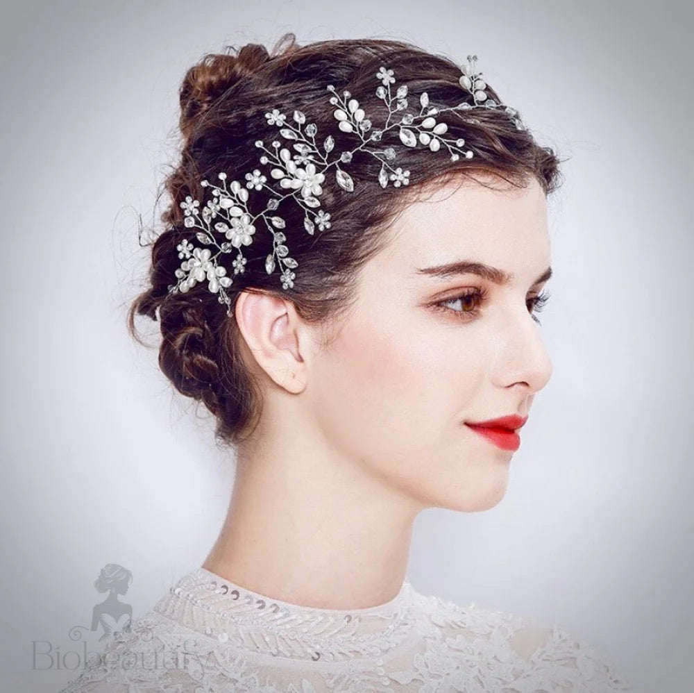 Tivoli Silver Pearl Crystal Bridal Headband Hair Vine