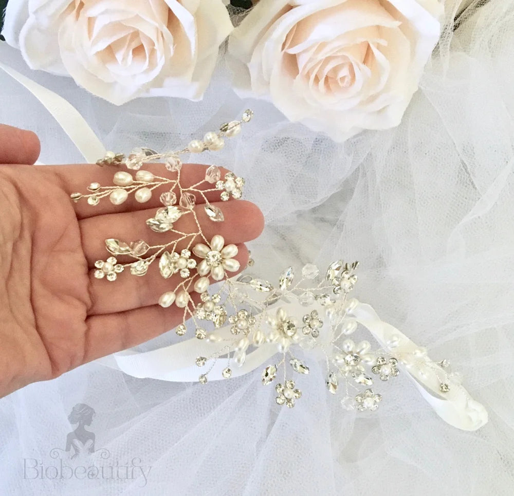 Tivoli Silver Pearl Crystal Bridal Headband Hair Vine