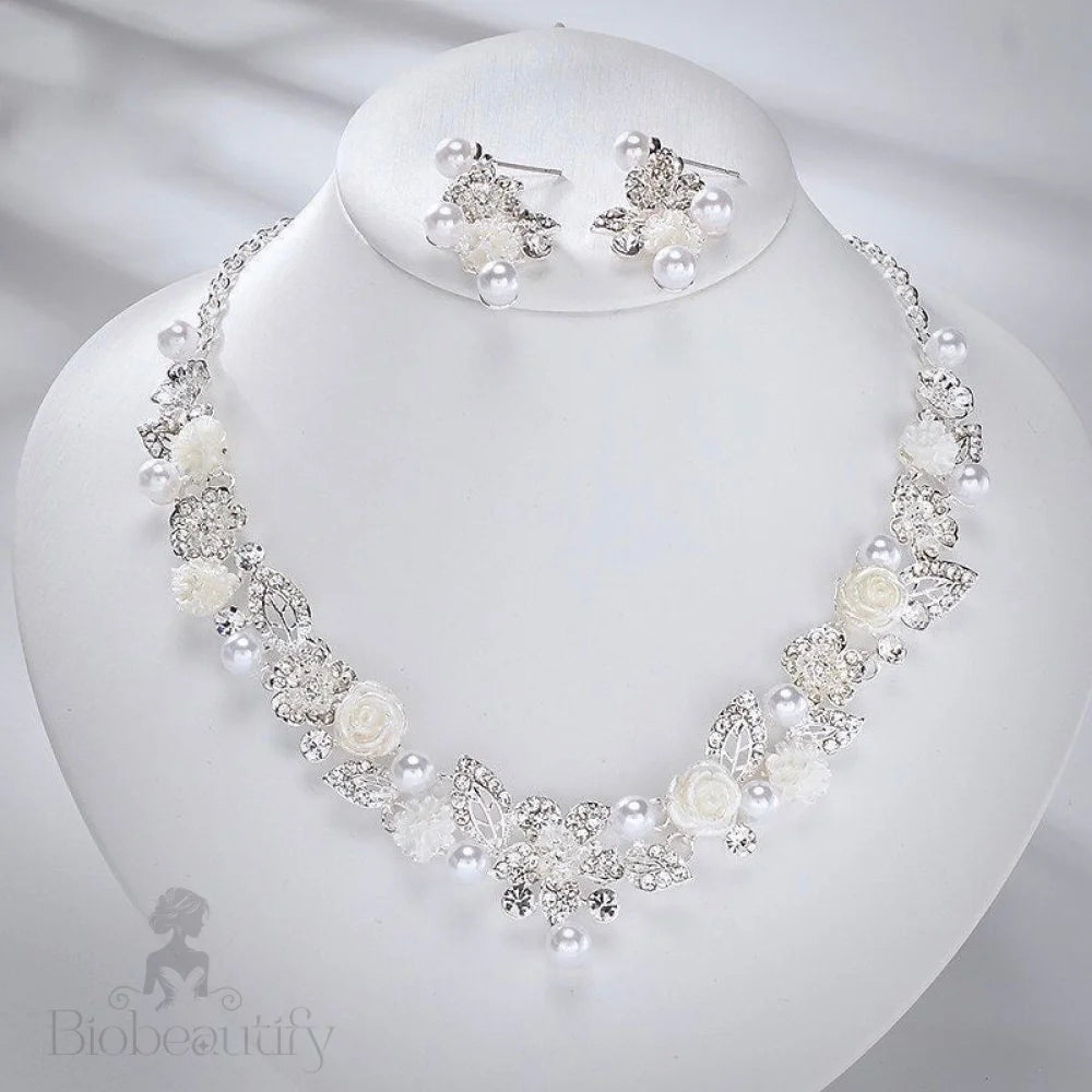 Tosca Pearl And Crystal Bridal Jewelry Set With Tiara - 3 Pieces