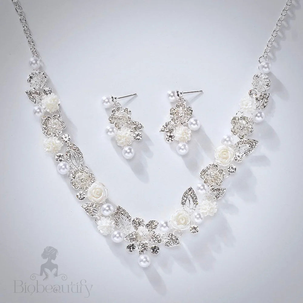 Tosca Pearl And Crystal Bridal Jewelry Set With Tiara - 3 Pieces