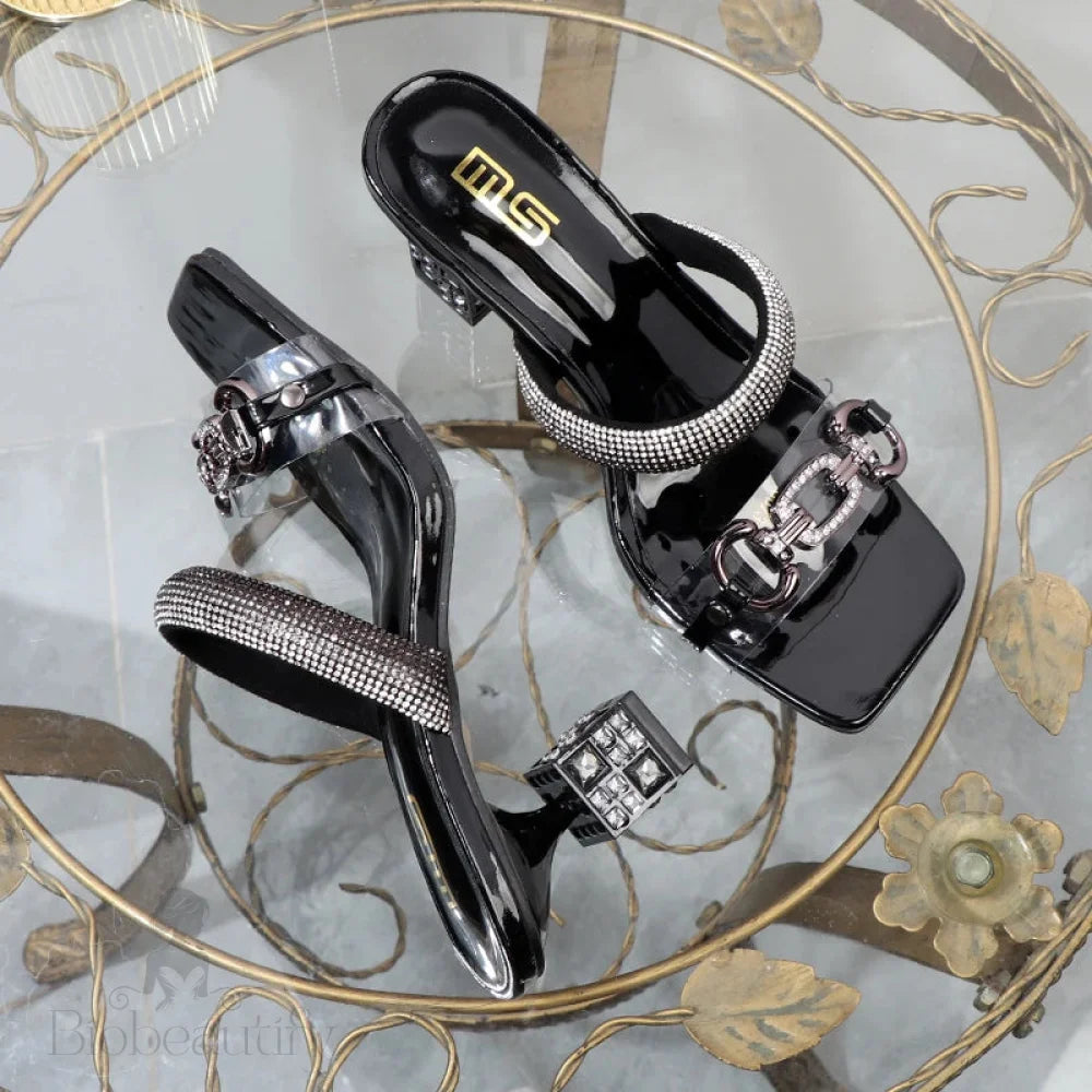 Transparent Belt With Metal Decoration And Box-Shaped Square Alien Heel High Heels