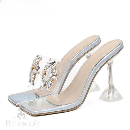 Transparent High Heel Women’s Slippers With Sexy Square Toe Silver / 42