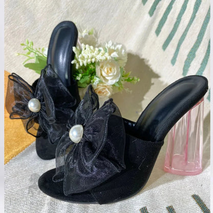 Transparent Mesh Flower Round Heel Slippers Peep Toe Mules Lady Pumps