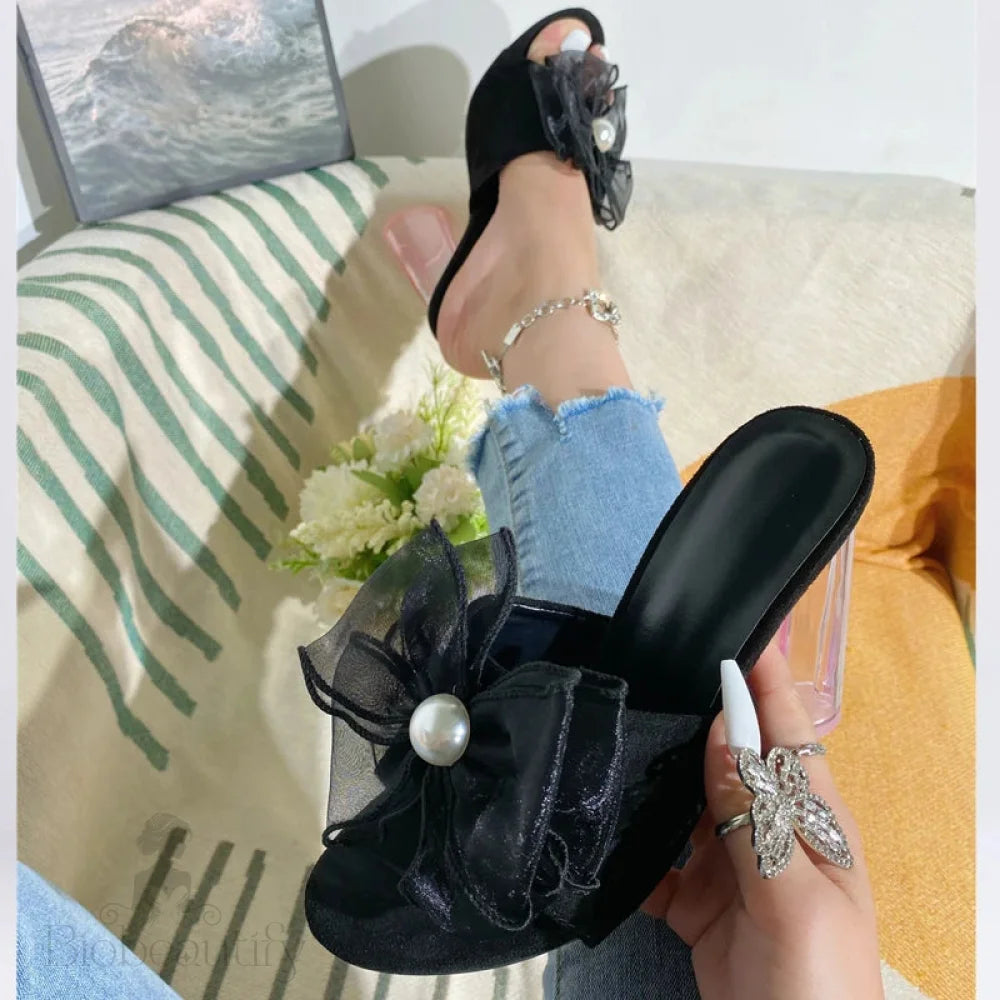 Transparent Mesh Flower Round Heel Slippers Peep Toe Mules Lady Pumps