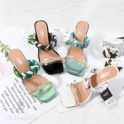 Transparent Metal Chain Square Head Stiletto Slippers For Women In Summer.