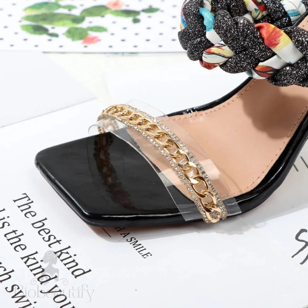 Transparent Metal Chain Square Head Stiletto Slippers For Women In Summer.