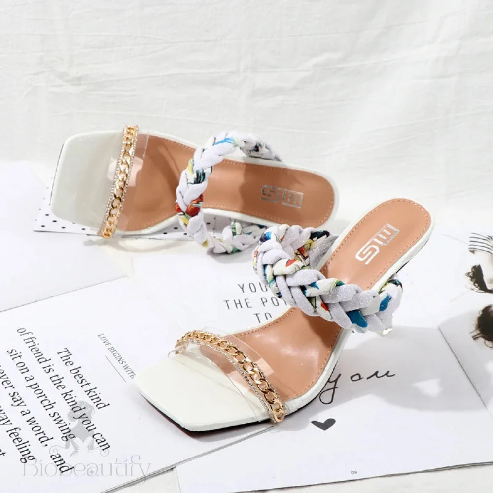 Transparent Metal Chain Square Head Stiletto Slippers For Women In Summer.