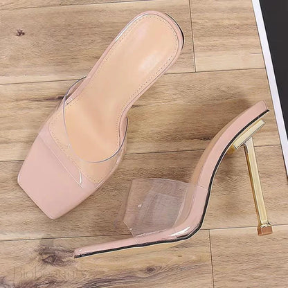 Transparent Pvc Square Toe High Heel Slippers Pumps Mules Sandals For Women Lady