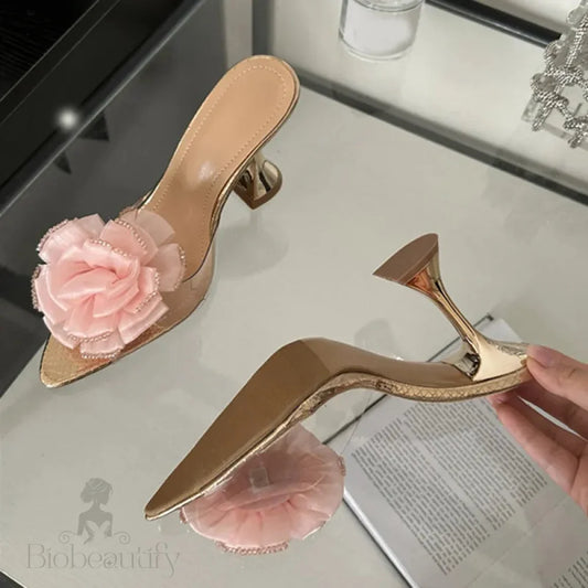 Transparent Pvc Women’s Fashion Flowers Pointed Toe High Heel Slippers