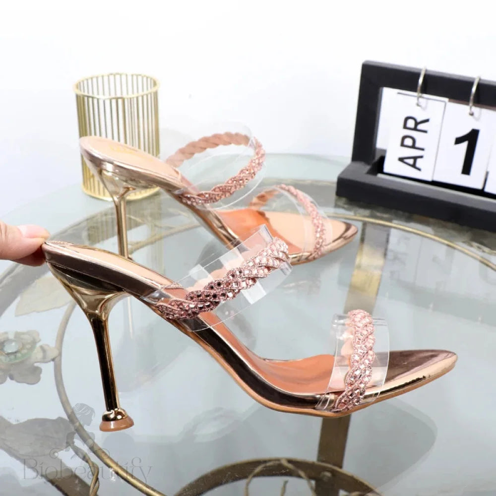 Transparent Rhinestone High-Heeled Sandals With Summer Stiletto Heels - 9.5Cm