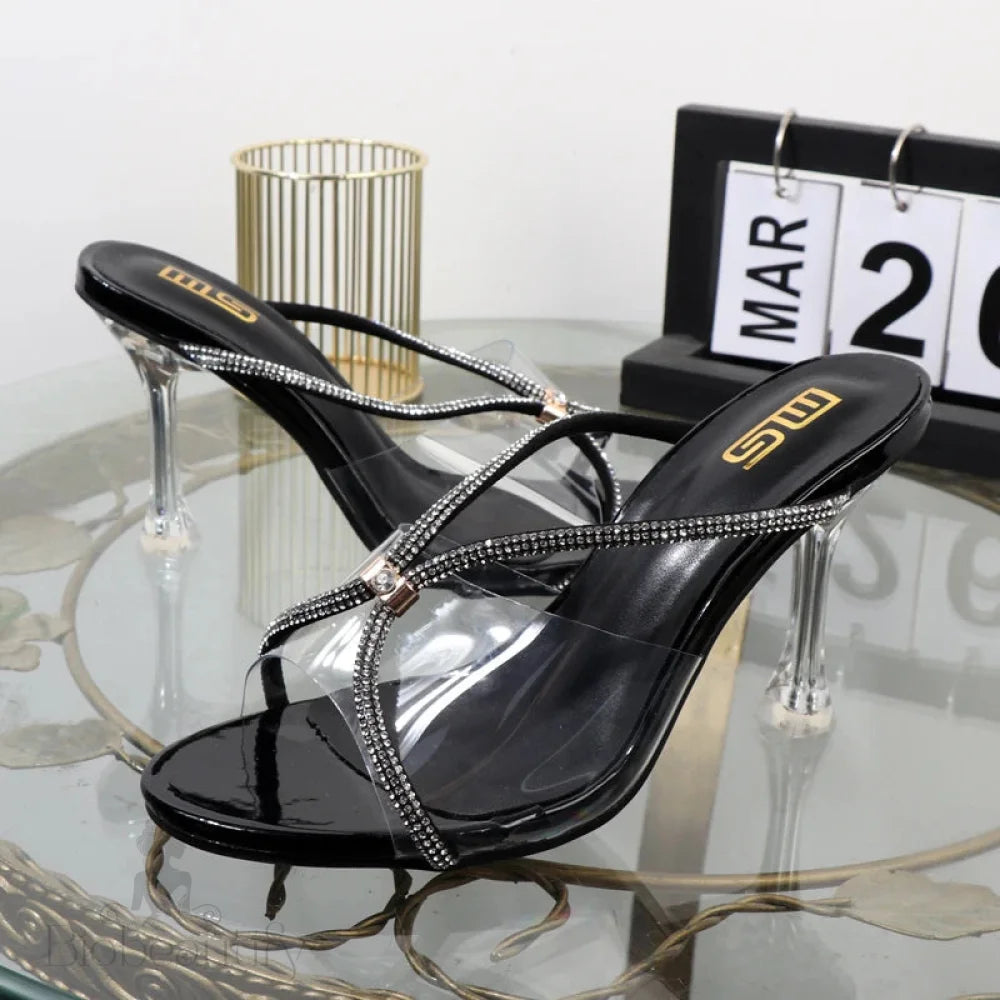 Transparent Rhinestone Summer Sandals With Thin Heels