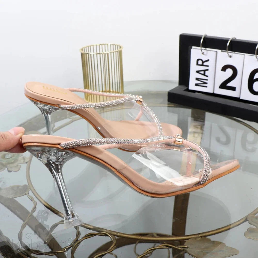 Transparent Rhinestone Summer Sandals With Thin Heels