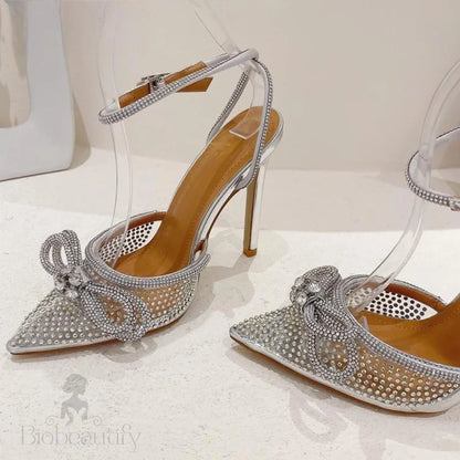 Transparent Silver Crystal Women Pumps With Ankle Strap And Thin High Heels