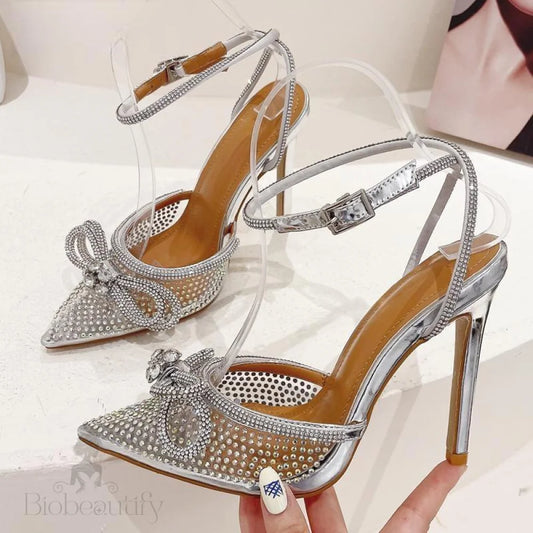 Transparent Silver Crystal Women Pumps With Ankle Strap And Thin High Heels / 35